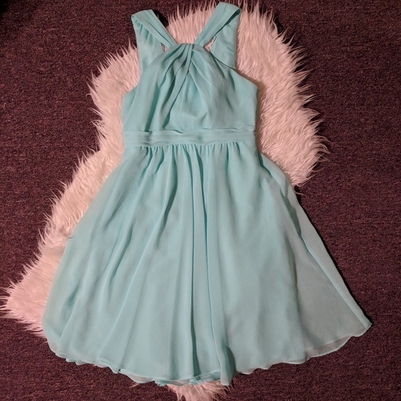 Davids Bridal Bridesmaid Dress Blue Chiffon Halter - Picture 2 of 8